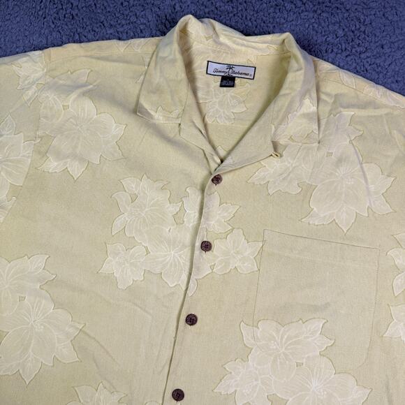 Tommy Bahama Shirt Mens L Yellow Jacquard 100% Silk Camp Loop Collar Hawaiian - Picture 1 of 7